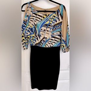 BEBE BLUE PRINTED OPEN SLEEVES CLASSY DRESS SIZE S